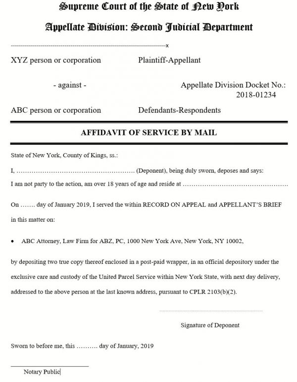 Affidavit of Service by Mail appellate courts division sample