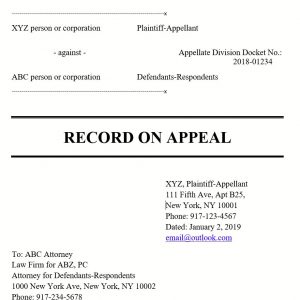 Record on Appeal sample Appellate Courts Division New York